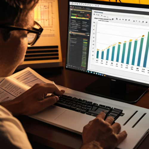 Home 17 **A person analyzing data charts and graphs on a computer screen, surrounded by notes and documents. The scene is lit with a warm, inviting glow, suggesting focus and insight. Emphasize the use of visual elements to understand complex information.**
