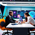 AI & Creativity Collaboration**

Prompt:  A vibrant, futuristic workspace. An artist is collaborating with an AI-powered design tool, creating a stunning piece of digital art.  The scene showcases the blend of human creativity and machine intelligence, resulting in a unique and innovative artistic expression.

**