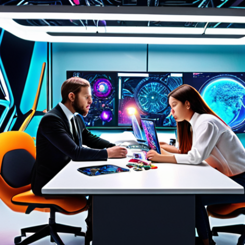 AI & Creativity Collaboration**

Prompt:  A vibrant, futuristic workspace. An artist is collaborating with an AI-powered design tool, creating a stunning piece of digital art.  The scene showcases the blend of human creativity and machine intelligence, resulting in a unique and innovative artistic expression.

**