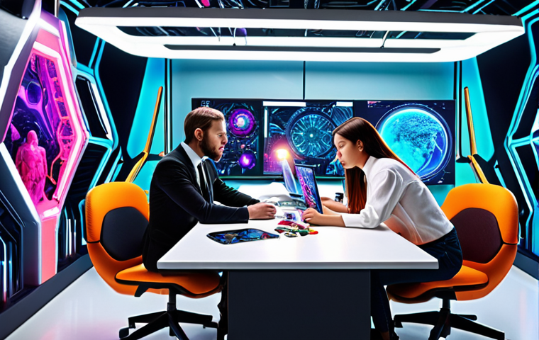 AI & Creativity Collaboration**

Prompt:  A vibrant, futuristic workspace. An artist is collaborating with an AI-powered design tool, creating a stunning piece of digital art.  The scene showcases the blend of human creativity and machine intelligence, resulting in a unique and innovative artistic expression.

**